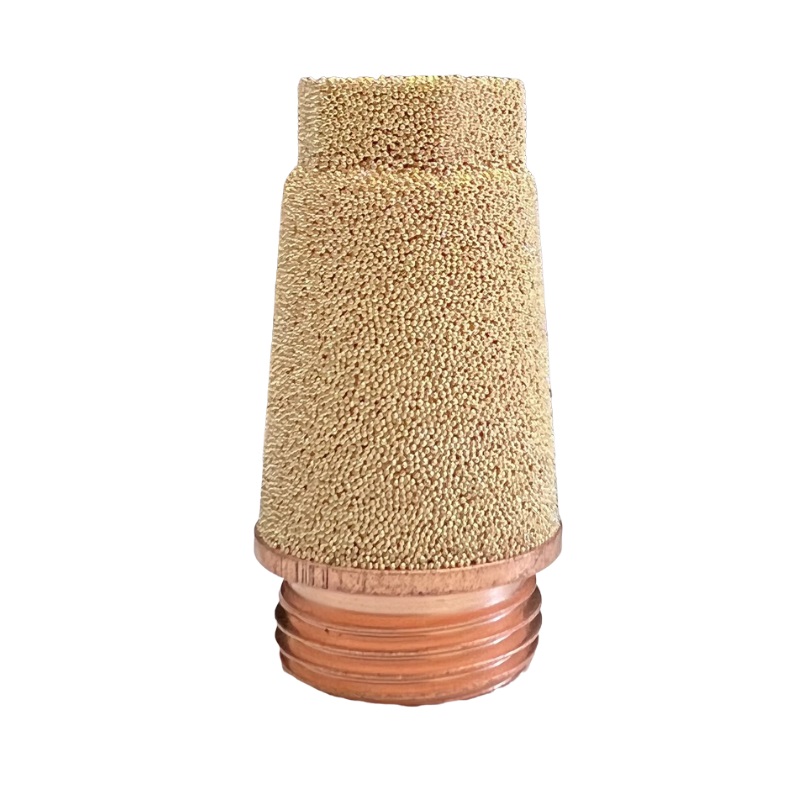 Schalldämpfer mit Sechskant Kopf in sphärischer Bronze gesintert auf kreisförmiger Basis in Kupferstahl. Schalldämpfer mit Sechskant Kopf in sphärischer Bronze gesintert auf kreisförmiger Basis in Kupferstahl.